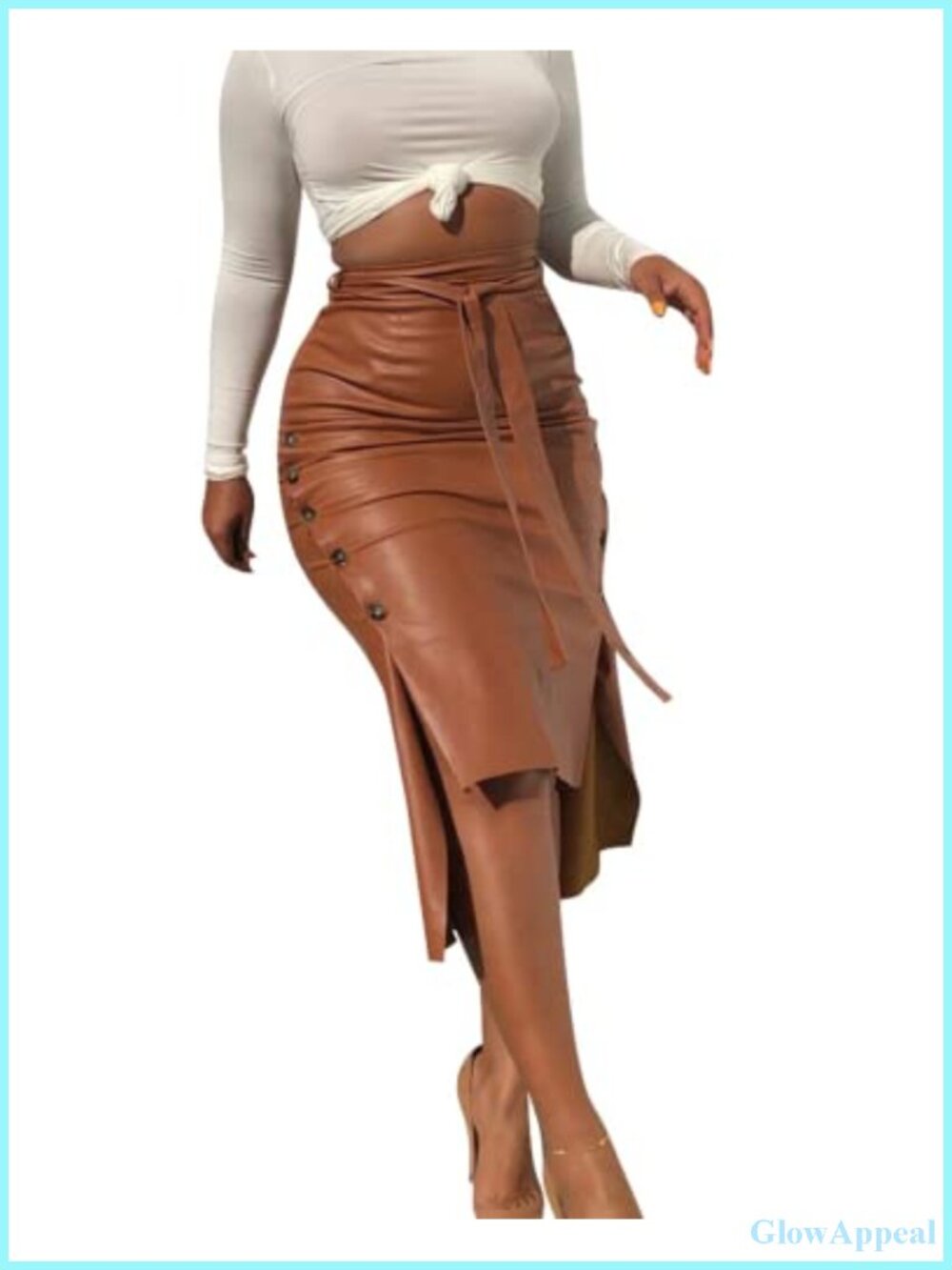 High Waisted Belted Faux Leather Pencil Midi Skirt with Side Slit